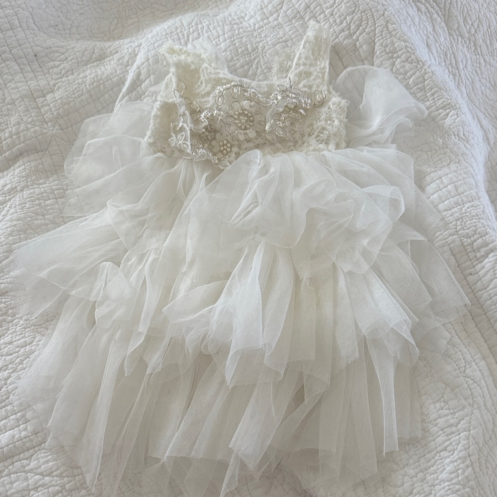 Ivory Tulle Ruffled Party Dress with Beaded Bodice
